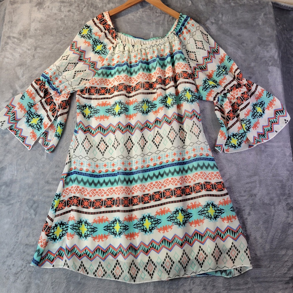 LILYPAD Boho Off‑Shoulder Tribal Print Bell Sleeve‎ Dress White Aqua Sz XL